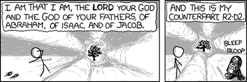 In a recreation of the Burning Bush scene from the Book of Exodus, we see Moses (complete with removed sandals) getting talked to by God. Then God says that his counterpart is &ldquo;R2-D2.&rdquo; This happened because&nbsp;in the film Return of the Jedi (part of the Star Wars franchise) the robot known as C3PO is worshiped as a god by the Ewoks and his partner was the robot R2-D2.