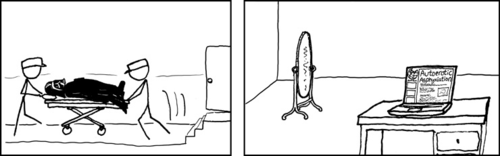 We see Darth Vader, a character from the popular science fiction series &ldquo;Star Wars,&rdquo; being wheeled away on a gurney.  In the second frame there is a room with a mirror and a laptop displaying the wikipedia page for Autoerotic Asphyxiation.
The reader is meant to believe that this was the room where Darth Vader was found by the EMT&rsquo;s in the first frame.  The laptop is meant to signify that Darth Vader was interested in autoerotic asphyxiation. Autoerotic asphyxiation is a sexual practice in which the practitioner restricts his own breathing in order to enhance sexual pleasure while masturbating.  The mirror, we are meant to believe, is the means by which Darth Vader strangulated himself.  In the &ldquo;Star Wars&rdquo; series Darth Vader is a practitioner of &ldquo;The Force&rdquo; which grants him telekinetic abilities.  This comic indirectly references the famous scene where Darth Vader telekinetically strangles an officer who mocks &ldquo;The Force.&rdquo;  We are meant to believe that Darth Vader needs line of sight in order to strangle someone therefore he used the mirror to telekinetically asphyxiate  himself.
Given this apparent turn of events, it is curious that the first frame of the comic does not depict Darth Vader as having a Death Erection, which is common in cases of autoerotic asphyxiation death.  Given Darth Vader&rsquo;s disfigurement and subsequent prosthetic enhancement we can speculate that Darth Vader&rsquo;s penis is either prosthetic or covered over by his armor.  Further, one of Darth Vader&rsquo;s most iconic attributes is the sound of his respirator.  Given the automated nature of his respirator, one would think that merely turning it off or turning down its frequency would give the desired effects for erotic asphyxiation.  Thus obviating Darth Vader&rsquo;s motivation to strangulate himself using the force.  But then there would not be a chance to make such a hilarious joke.