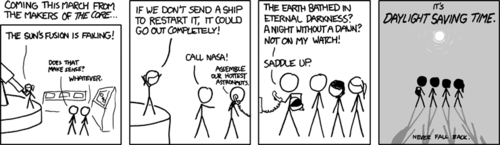 In a departure from the normal XKCD format, this Work presents a movie proposal in the vein of blockbuster, scientifically-illiterate &ldquo;disaster porn&rdquo; movies whose plots are a thinly veiled excuse for massive displays of special effects. The most recent example of this type of movie would be &ldquo;2012&rdquo;, in which the nature of elementary particles suddenly changes just for the Earth&rsquo;s interior, thus causing a collapse of the entire planet. 

The 2003 movie, &ldquo;The Core&rdquo; [imdb], a quintessential movie in this style, used the premise of a scientific experiment to stop the earth&rsquo;s core to motivate a special effects illustrated romp to the center of the molten earth. This and other similar movies are practically redolent with classic 90&rsquo;s and 80&rsquo;s movie stereotypes such as:
The &ldquo;good scientist&rdquo;, who is very humble and grounded, typically dressed like a truck driver or sales clerk at The Gap. During the 90&rsquo;s it became popular to cast this character as a woman, but we will use the masculine pronoun for the sake of expediency. He typically works by seeming random acts of inspiration rather than a more realistic and focused process. Typically such characters are proposing a theory or explanation that is poorly accepted by the mainstream scientific establishment. He is inevitably always right.

The &ldquo;bad scientist&rdquo;. Elitist, smug, and typically dressed like a salesman from The Men&rsquo;s Warehouse. His (it is almost never a woman filling this role) primary role in the plot is to oppose the &ldquo;good&rdquo; scientists or technicians by claiming &ldquo;things are impossible.&rdquo; He frequently demands proof and is considered an asshole for being skeptical. He almost never meets a good end in the movie, unless he has a profound epiphany and starts accepting things on faith and trust rather than fact and science.

The &ldquo;doer.&rdquo; Typically a character that is closely connected to the good scientist, the doer is the only way the plot drags itself ponderously through its course. Usually the only character who can deal with any non-scientific crisis, the doer and his cohorts are the only physically competent people in the entire universe. There is often a mistake or black event in the doer&rsquo;s past that brings artificial conflict to the character. In &ldquo;The Core&rdquo;, the doer was Hilary Swank&rsquo;s character, Rebecca Childs.

The Bomb. It is almost inevitable that a nuclear bomb is set off in these movies, typically for positive effect. In &ldquo;The Core&rdquo;, nuclear bombs were used to restart the spin of the Earth&rsquo;s core.
The Author proposes a movie whose name puns the increasingly controversial practice of turning clocks to match the expected dawn hours with the changing daylight hours as the seasons change. An inexplicable scientific dilemma (the Sun&rsquo;s fusion is nowhere near running out, and the idea that it could anytime soon is almost entirely ruled out by modern physics), leads to a group of &ldquo;doers&rdquo; taking a ship to the Sun to presumably launch a nuclear bomb into it, thus adding a tiny fraction of the star&rsquo;s energy in presumably &ldquo;the perfect place&rdquo; calculated by the good scientist to save the human race.

Throughout the course of this Work, the Author seems unable to &ldquo;play it straight&rdquo; and places jabs against the genre in each panel. For example, the good scientist (see note below) points out the &ldquo;Sun&rsquo;s fusion is failing&rdquo; to the immediate resigned out-of-character commentary by assistants. Likewise it is pointed out that a team of the &ldquo;hottest&rdquo; astronauts should be the ones assembled, which is an observation that it is rare that astronauts look like movie models whose profession is being attractive. 

The Work culminates in a panel which shows a proposed movie poster, which follows the typical &ldquo;people walking away purposefully&rdquo; meme which so pervades action movie promotions in the 1990&rsquo;s. Not only is the title a pun as described, but the tagline &ldquo;Never Fall Back&rdquo; puns on the clich&eacute; of war and disaster drama movie tag lines, which frequently expound the indomitable spirit of survival and stubbornness that such movies speak to.

CURATOR&rsquo;S NOTE: It should not be tremendously surprising that The Author has chosen to cast the &ldquo;Good Scientist&rdquo; protagonist as a woman. It has been shown by extensive literary analysis (e.g.,: [1] [2] [3]) that the Author considers women to be smarter, more intuitive, and more balanced than men. Via this prism, a female is a natural cast choice. 

However, in a (perhaps unconscious) nod to notoriously critical Hollywood beauty standards, the Author chose to make the good scientist female blonde and wear a more elaborate hairstyle. 