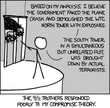 The &ldquo;9/11 Truthers&rdquo; are a group of individuals who believe the government was aware of, or even contributed to the attacks on September 11th, 2001. The popular belief is that these attacks were carried out by Al-Qaeda, an Islamic terrorist group.
The Author presents a hypothetical situation wherein he proposes a merged theory that compromises between the truthers and that of popular belief - one tower was destroyed by the government and the other by Al-Qaeda. The hypothetical outcome is that the truthers are not pleased with this idea.
