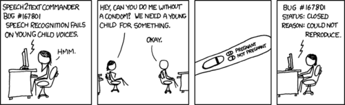 Background: &ldquo;Can Not Reproduce&rdquo;, &ldquo;Could Not Reproduce&rdquo;, or &ldquo;Closed, Not Reproducible&rdquo; are commonly status codes in bug-tracking systems used to mark a case where the engineer was unable to recreate the environment or situation where the bug occurred.
In this strip the female, in need of a small child to test on, decides to have unprotected sex with her male coworker. But as it turns out she does not become pregnant and is therefore unable to &ldquo;reproduce&rdquo;, both in the human sexual sense and in the technical bug-tracking sense.
This strip employs a&nbsp;homographic pun.