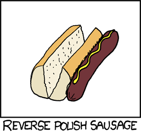 In this strip, the word &ldquo;sausage&rdquo; is substituted for &ldquo;notation&rdquo; in Reverse Polish Notation. As you can see, the hot dog is lying next to, not inside of the hot dog bun.
This is funny because in Reverse Polish Notation the operator (hot dog) follows the operands (bun).