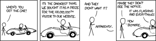 This strip is a commentary on the commonly-seen flashing ads on websites declaring that the viewer has won something extremely valuable (in this case a convertible sports car) and all that is required to claim the prize is to click the ad. Since most people browsing the internet have become increasingly jaded toward the deceptive tactics of internet advertisers, they usually ignore these ads outright, assuming it is a scam and that they&rsquo;ll be taken to a site they have no interest in without ever receiving the promised prize.
The twist in this strip is that in this case the website actually was planning to reward a visitor with a car, but since it wasn&rsquo;t claimed by the visitor the company&rsquo;s CEO kept it for himself. The CEO is honestly puzzled as to why someone wouldn&rsquo;t claim the prize, suggesting he is obviously oblivious to the fact that their ad resembled a common scam. (Or was he?)
This strip employs the common pattern of making the reader think everything is normal until the final frame where the punch line is subtly delivered (&ldquo;It was flashing and everything!&rdquo;). There are also hints of parallels between this situation and &ldquo;the boy who cried wolf&rdquo; wherein a certain action has proven to be deceptive on so many occasions that when it is actually legitimate no one will believe it.