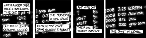 The author is using the lifecycle of various processes in a multi-user unix environment as an&nbsp;allegory for life and death in general.&nbsp;Normally when a user connects to a unix server, any processes they start are tied to the lifecycle of their session.&nbsp;Therefore, if one is disconnected abruptly from the server any processes they started in that session are killed once it times out. Because of this, many users invoke their processes via the screen command.&nbsp;Screen is a popular&nbsp;unix utility that allows most any process to live outside of the normal lifecycle of a user &nbsp;session.&nbsp;A user may make use of commands to connect and disconnect to any number of screen&nbsp;sessions that are running in the background.
In this comic strip, one particular user named &ldquo;sam&rdquo; is running the IRC client irssi using the&nbsp;screen command and his default shell - zsh (z shell).&nbsp;The author picked this particular shell in&nbsp;order to make the humorous pun, &ldquo;the ghost in z shell&rdquo;.&nbsp;Which is a reference to the popular hentai movie&nbsp;Ghost in the Shell.